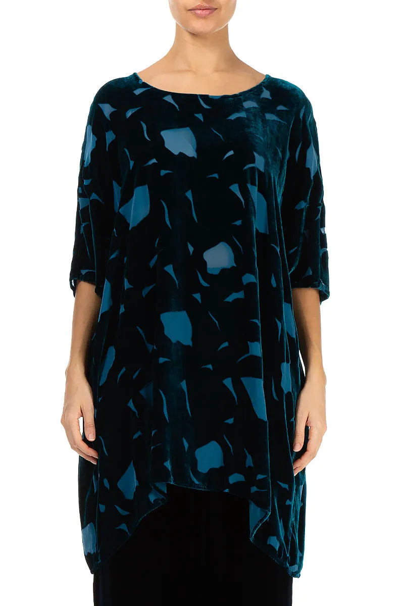 Abstract Devoré Petrol Blue Silk Velvet Tunic