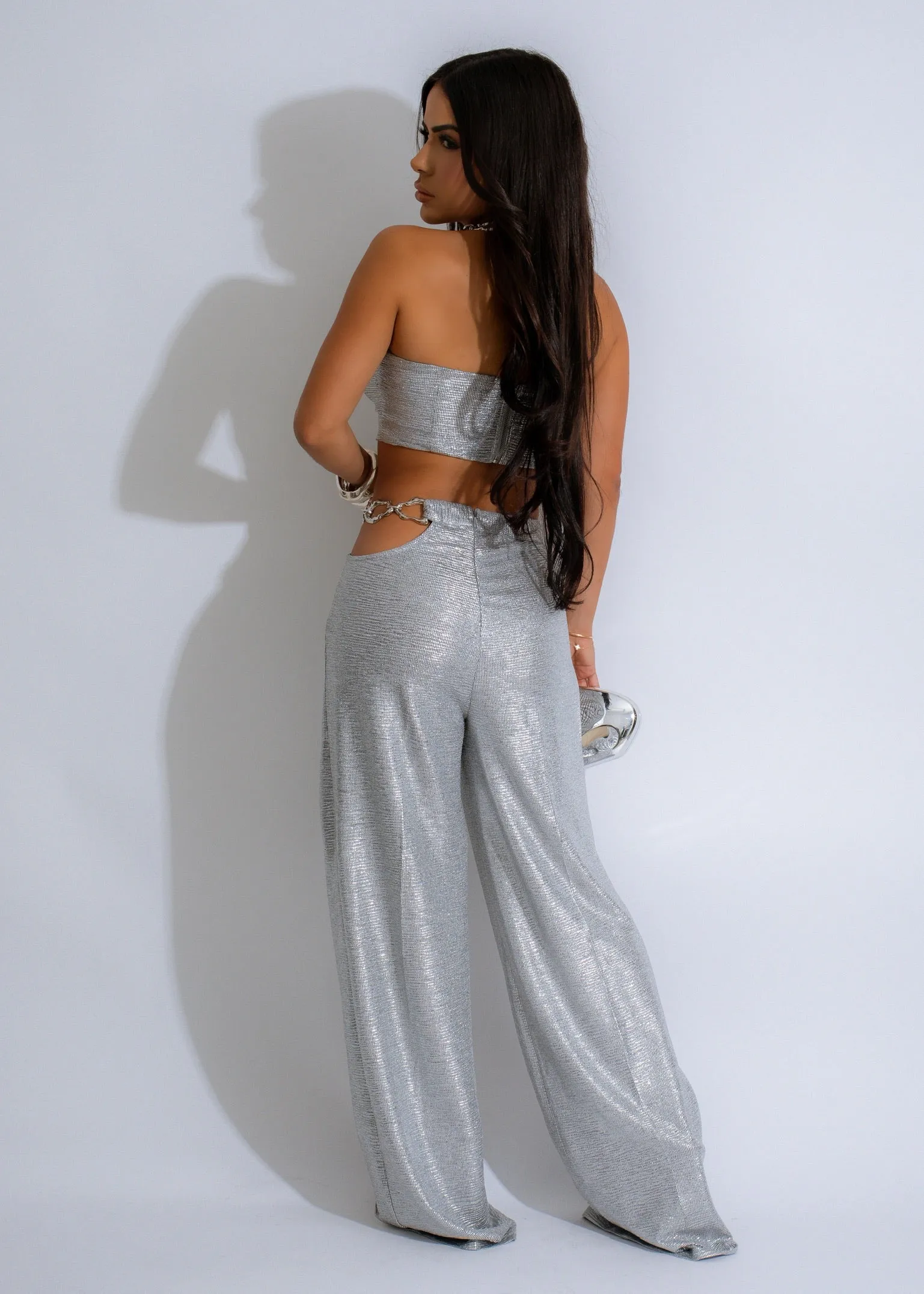 Adore Me Metallic Pant Set Silver