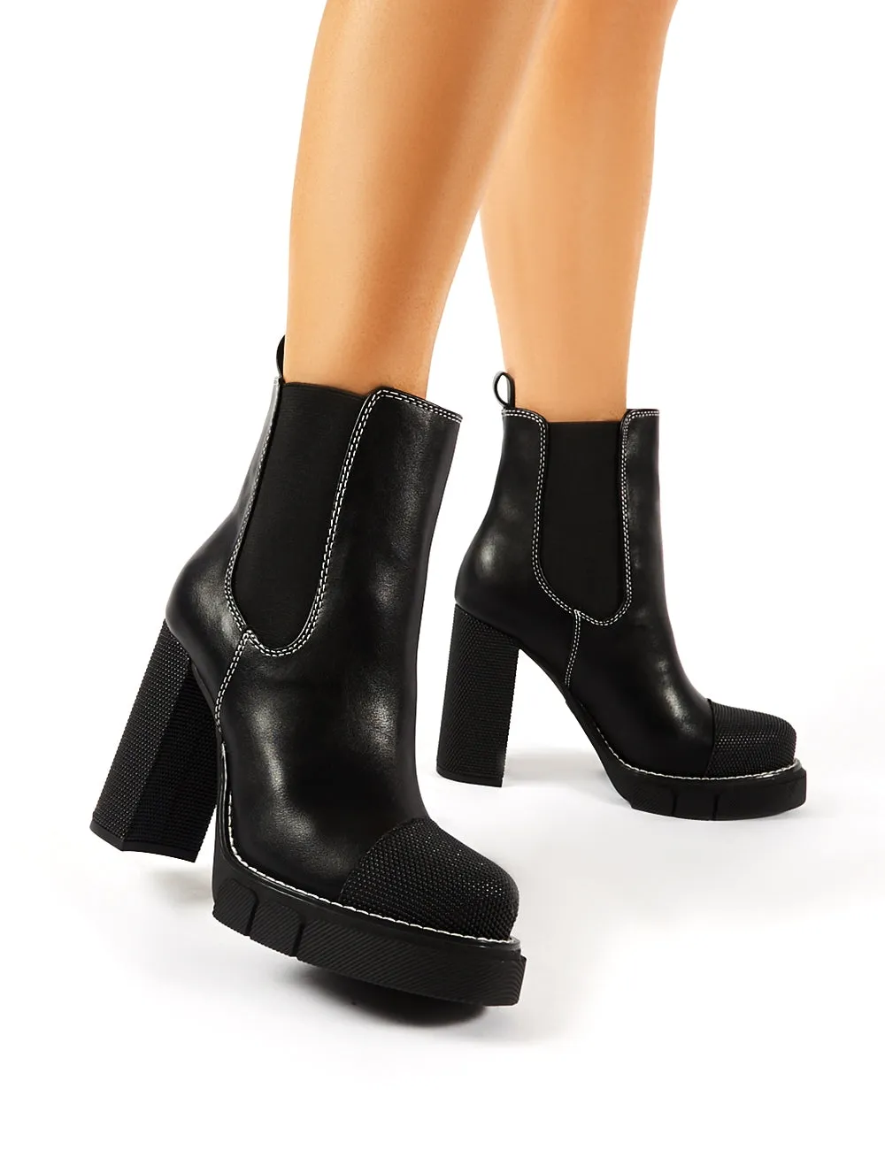 Antix Black Contrast Stitch Platform Block Heeled Ankle Boots