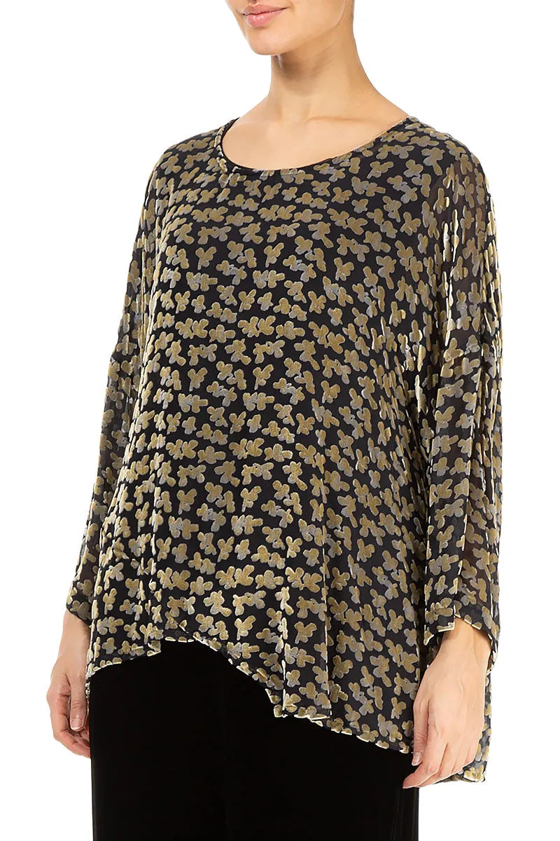 Asymmetric Devoré Petals Gold Silk Velvet Blouse