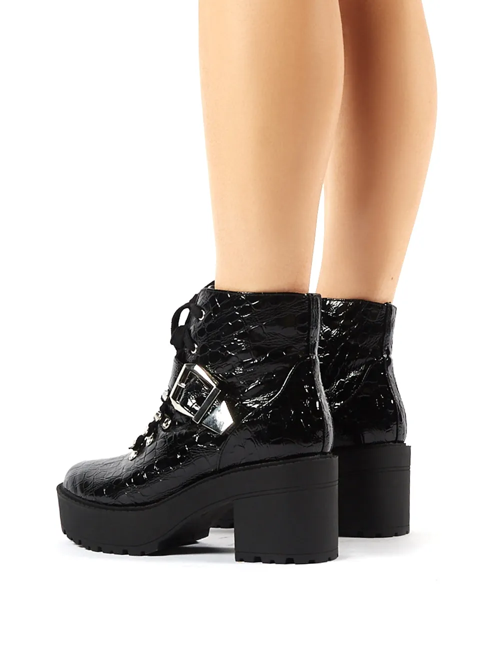 Attitude Black Patent Croc Chunky Sole Heeled Ankle Boots