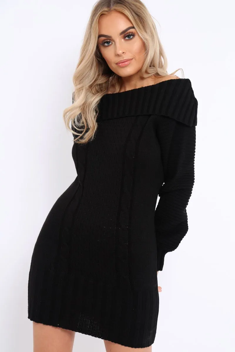 Black Bardot Chunky Knit Jumper Dress - Kaidyn