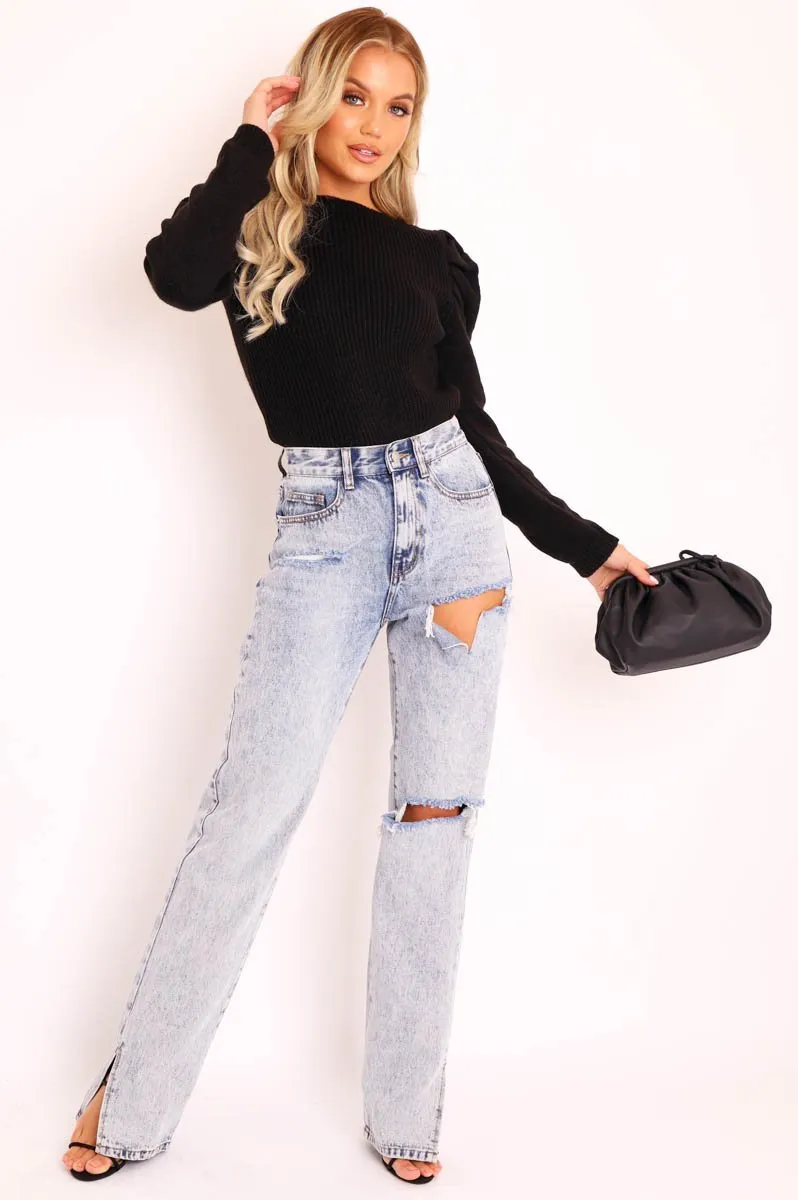 Black Chunky Knit Puff Sleeve Jumper - Hannahmae