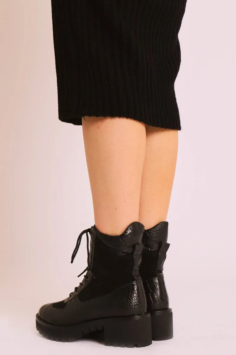 Black Croc Hiker Style Ankle Boots - Genevie