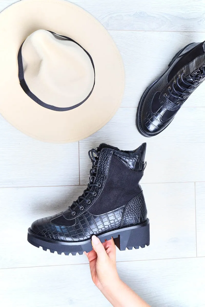 Black Croc Hiker Style Ankle Boots - Genevie