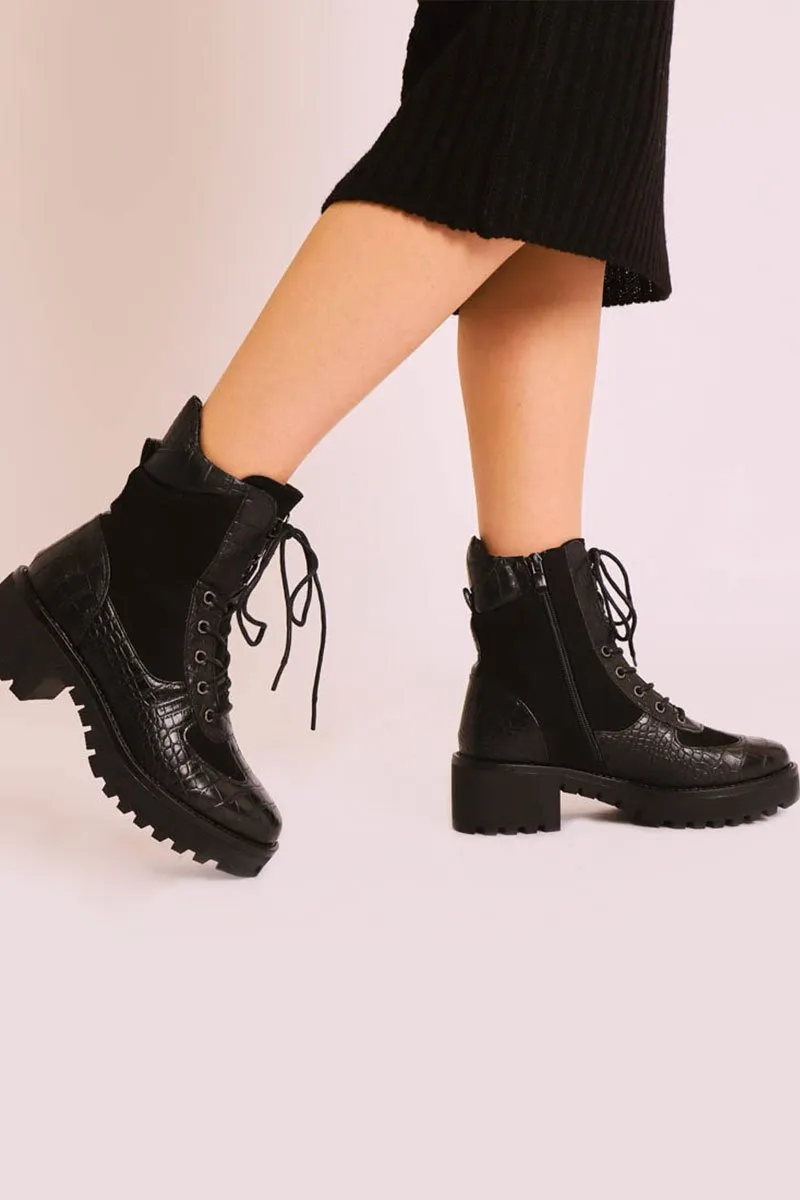 Black Croc Hiker Style Ankle Boots - Genevie