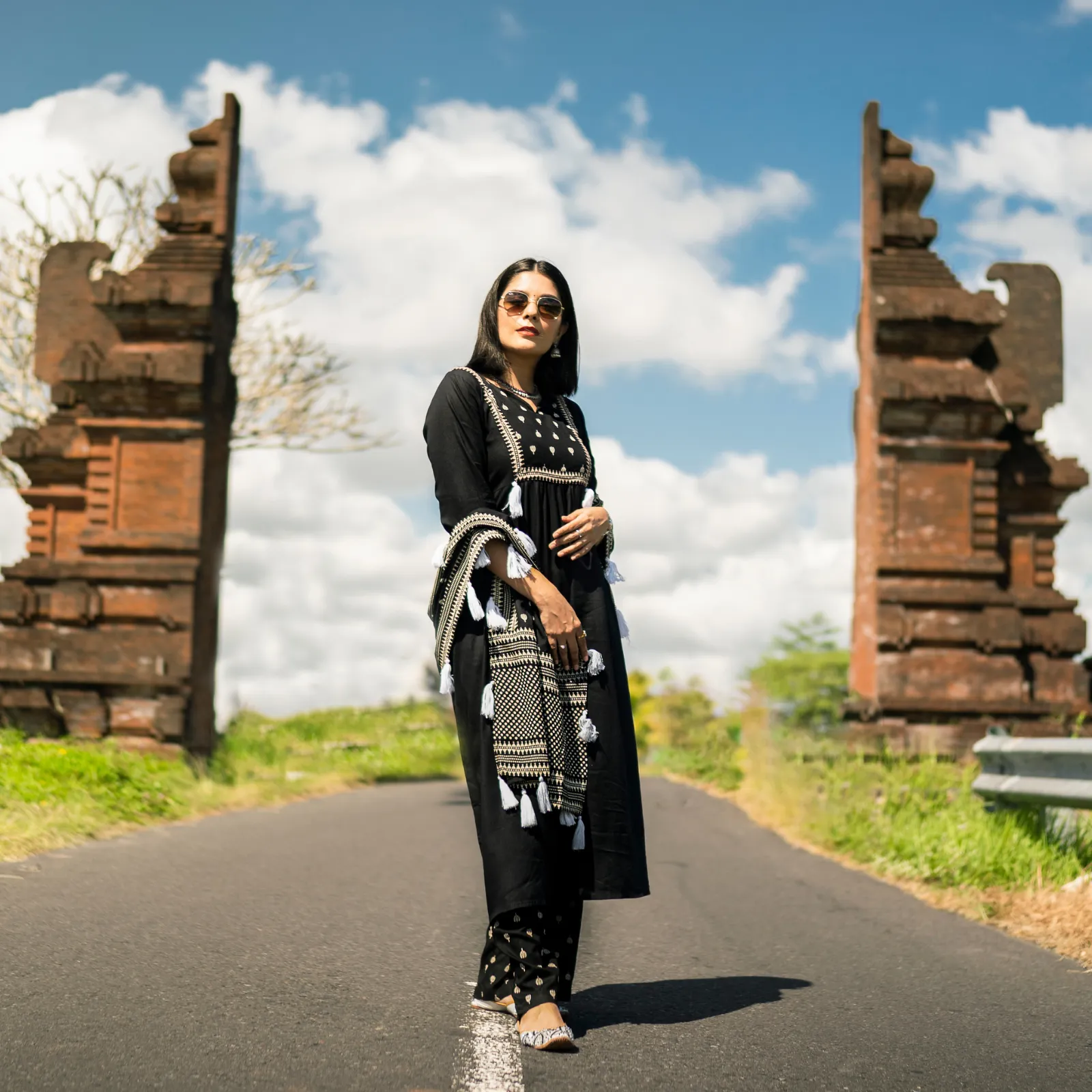 Black Front Gathered Kurta Set with Tassels