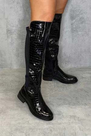 Black Patent Croc Knee High Flat Boots - Reginna