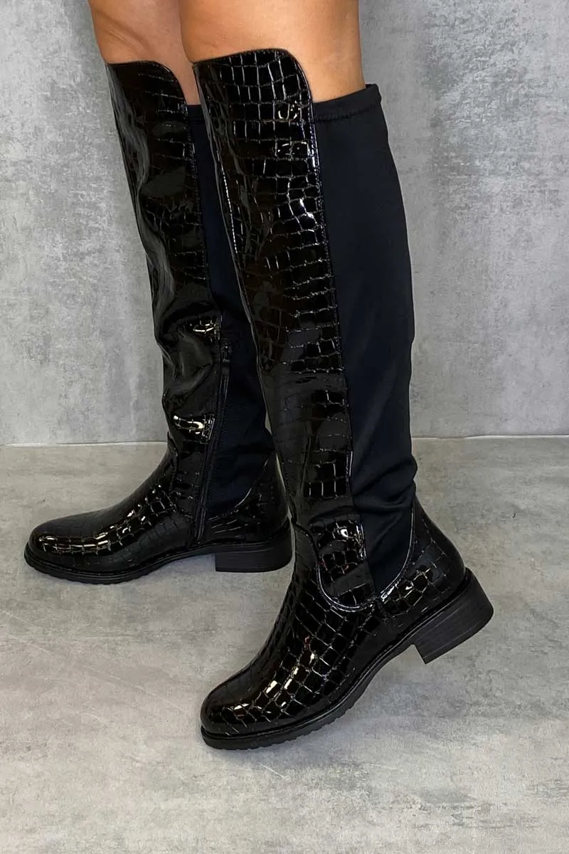 Black Patent Croc Knee High Flat Boots - Reginna