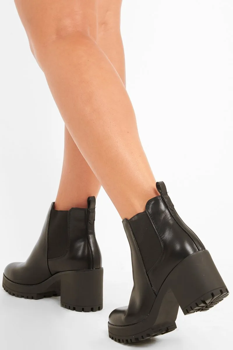 Black PU Chunky Heel Ankle Boots - Calee