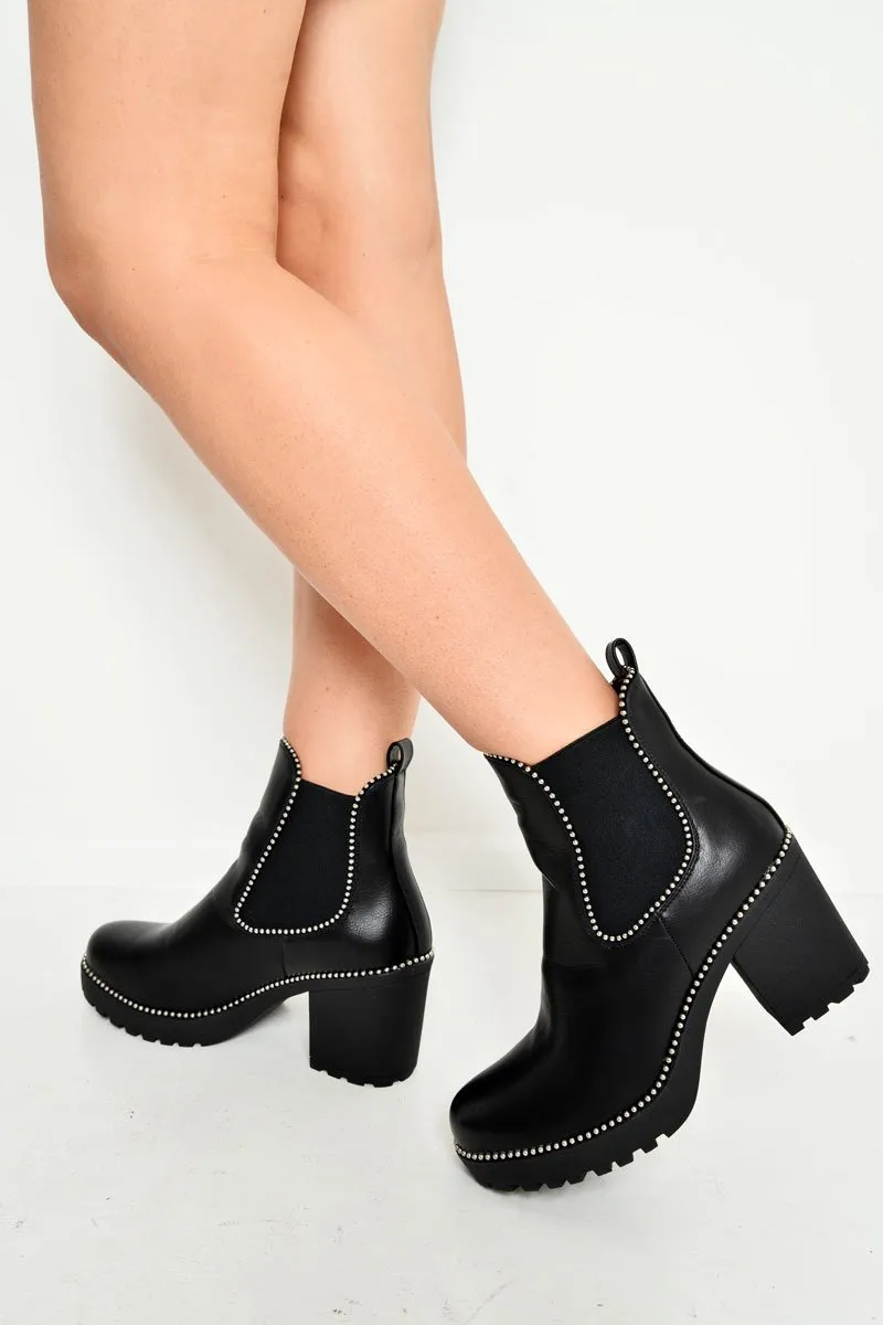 Black PU Stud Trim Chunky Chelsea Boots - Leana