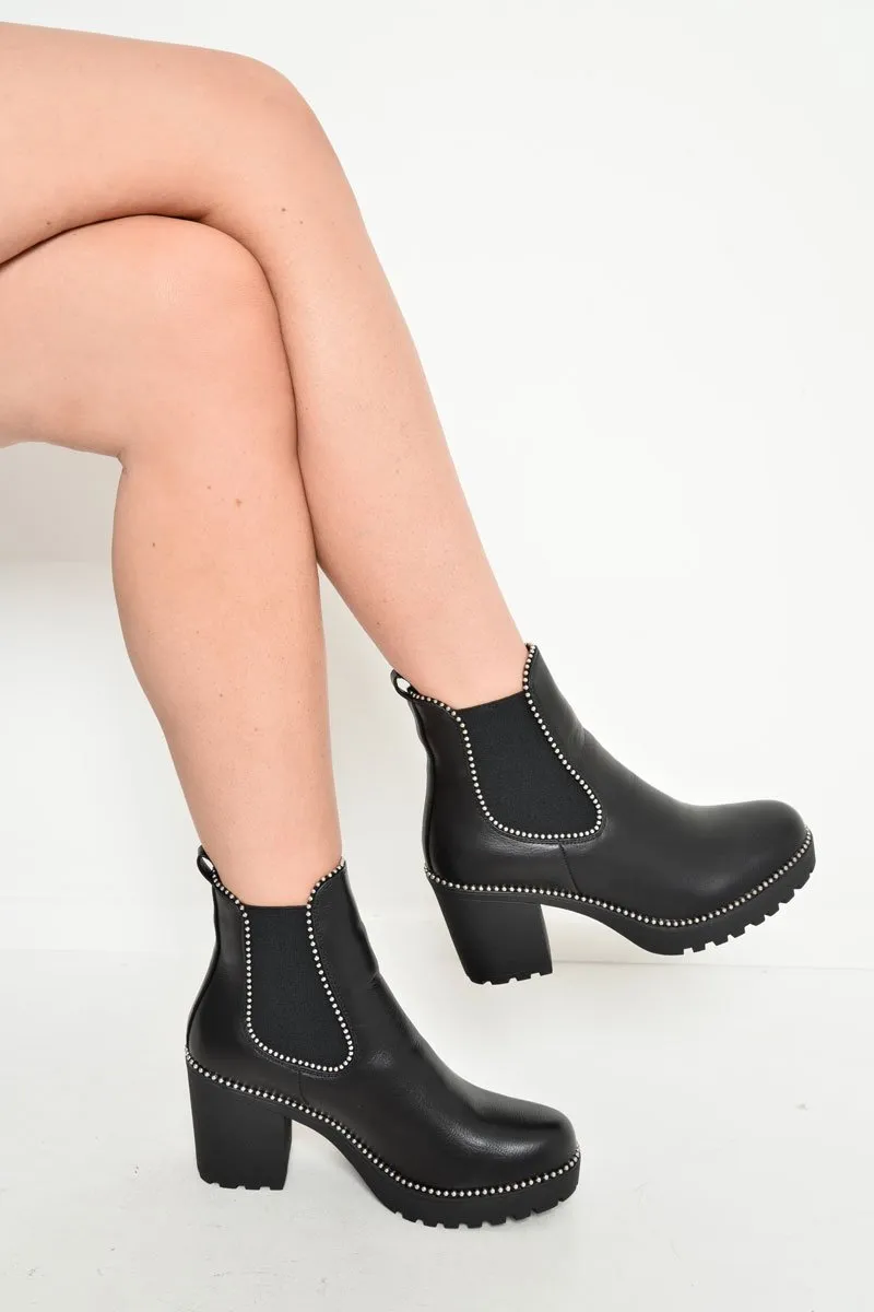 Black PU Stud Trim Chunky Chelsea Boots - Leana