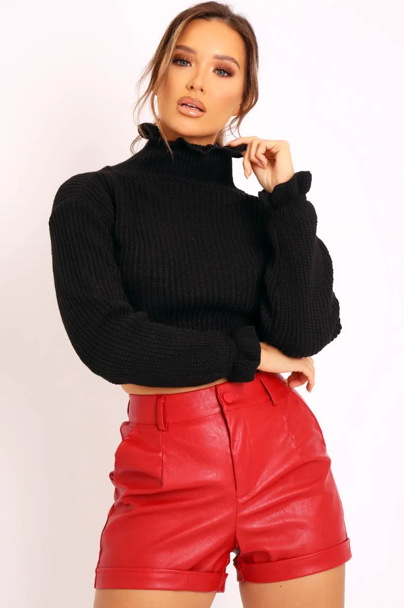 Black Ruffle Hem Chunky Knit Crop Jumper - Alannah