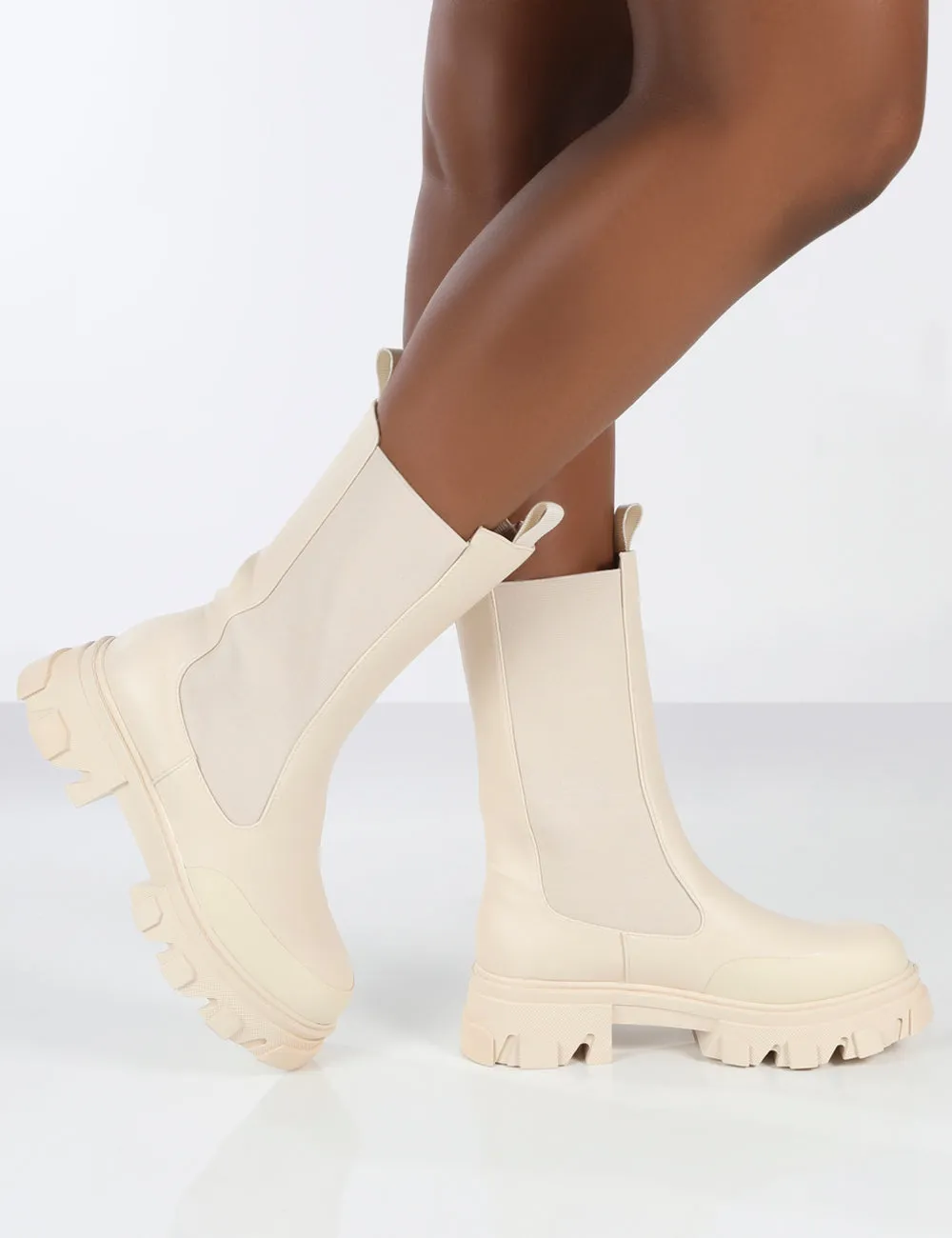 Boston Bone Pu Wide Fit Platform Calf High Chunky Sole Boots