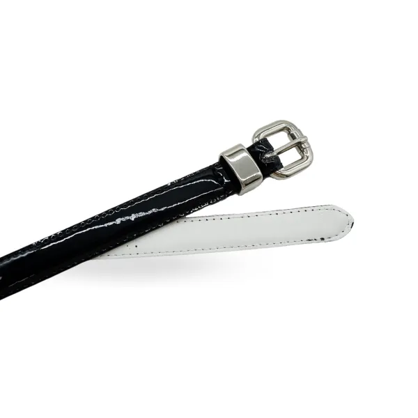 CARRIE - Women's Black Patent Skinny Leather Belt with Silver Buckle