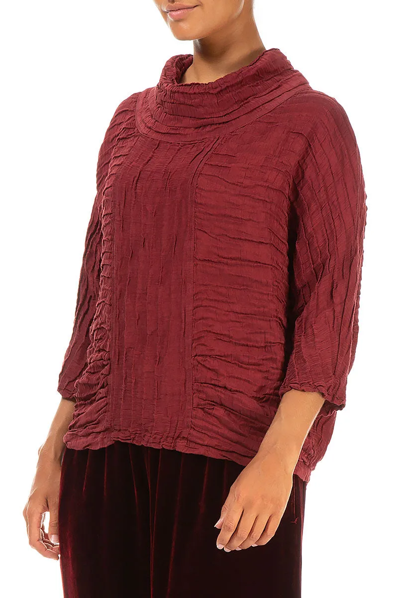 Cowl Neck Crinkled Bordeaux Silk Blouse