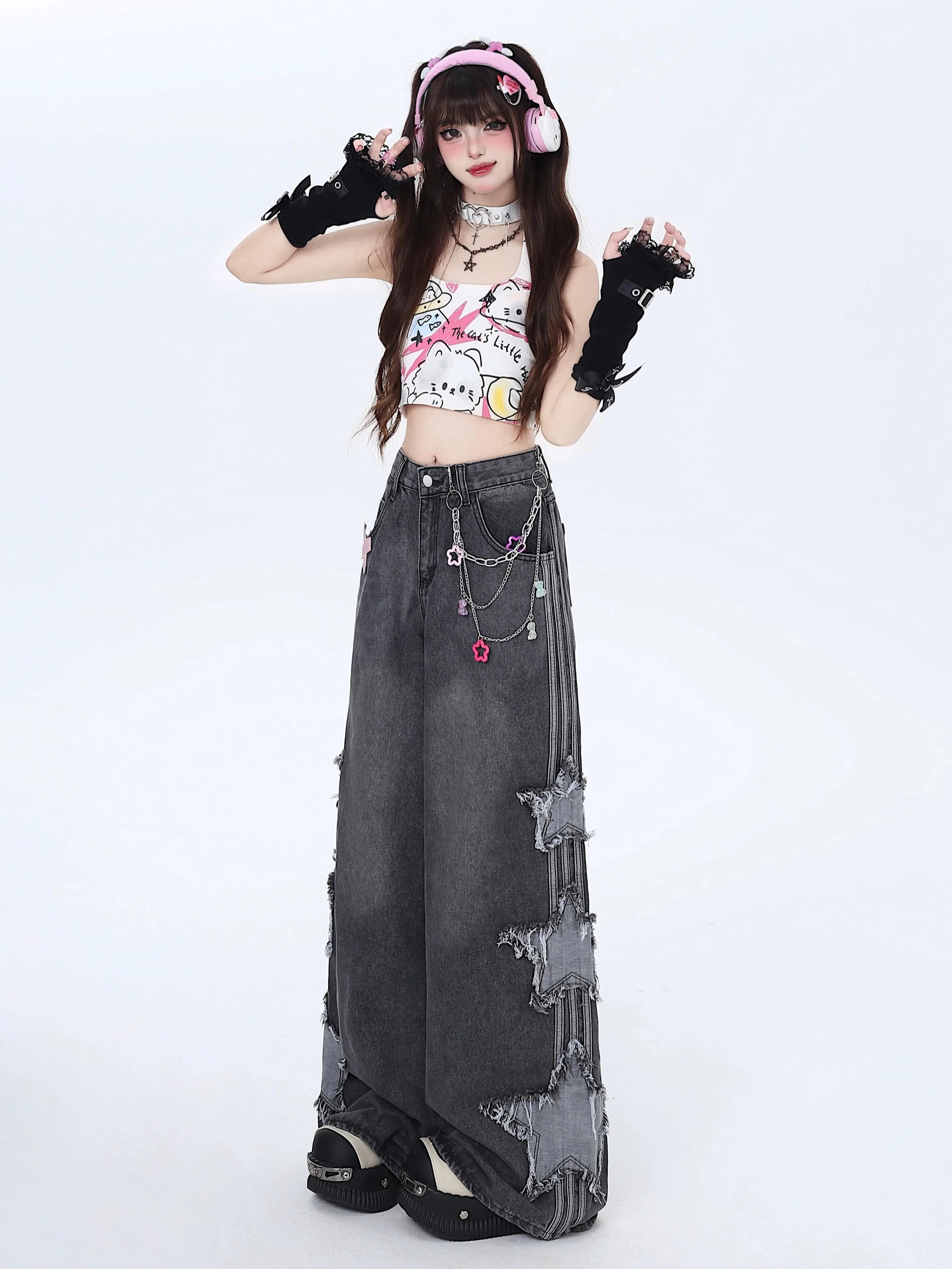 Crazygirl Punk Kawaii Distressed Star Patch Loose Straight Jeans Wide-Leg Mop Pants