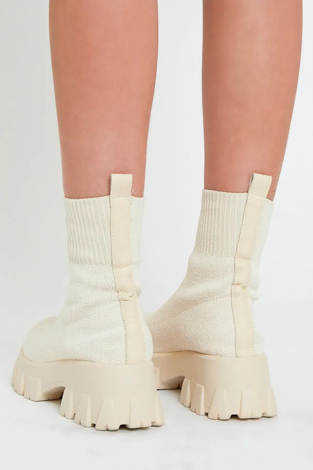 Cream Ankle High Chunky Sole Sock Boots - Bana