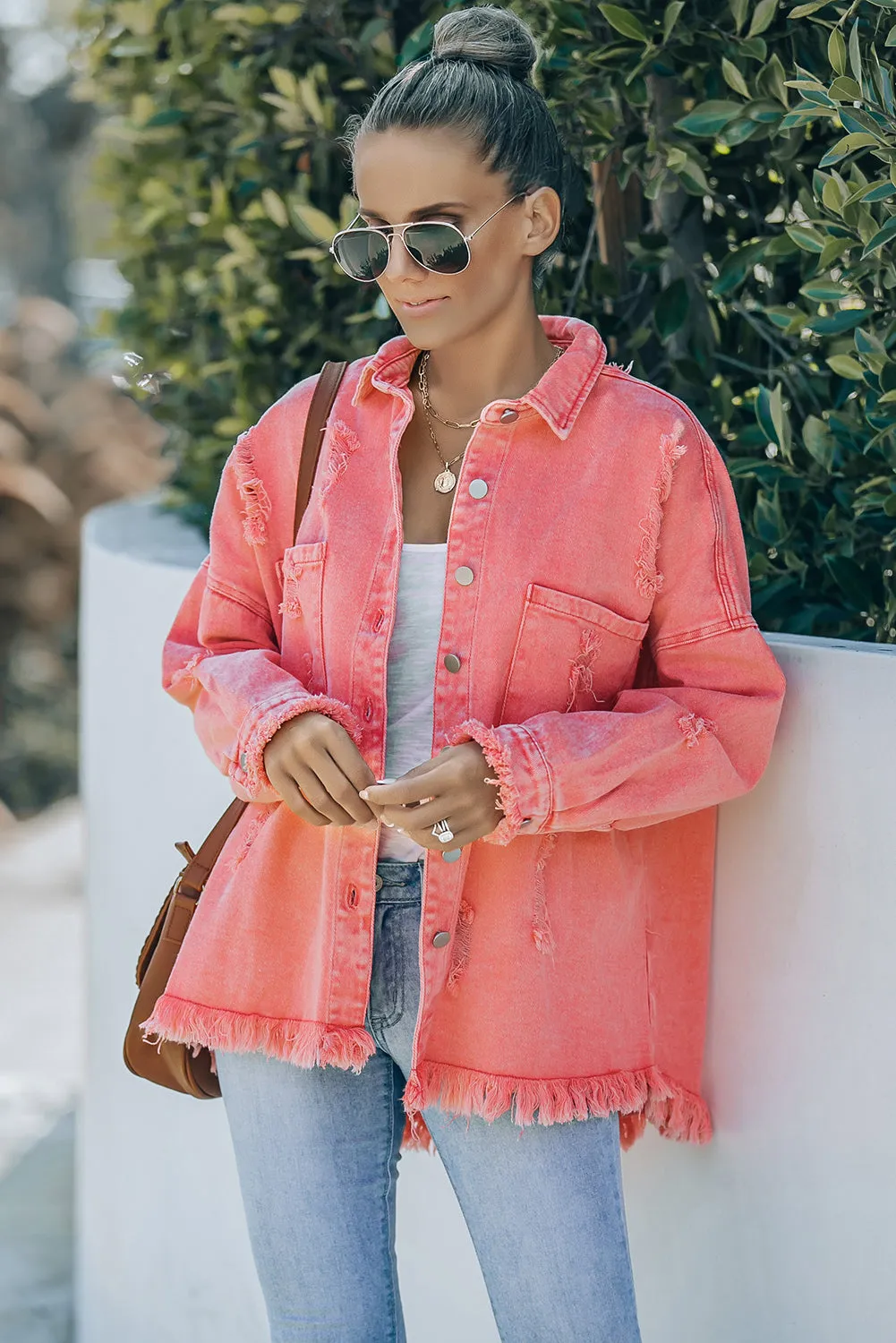 Distressed Fringe Trim Button Up Jacket