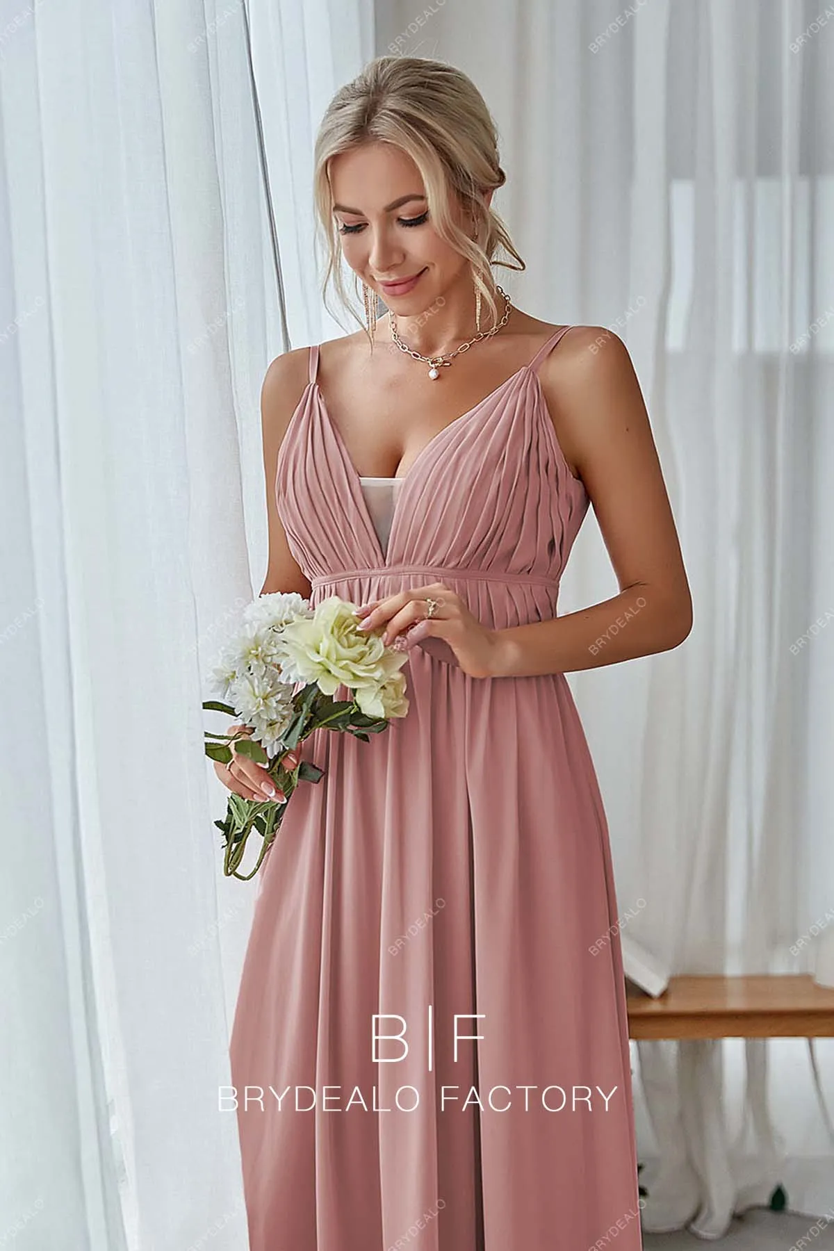 Dusty Rose Thin Straps Sleeveless Pleated Chiffon Dress