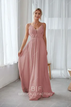 Dusty Rose Thin Straps Sleeveless Pleated Chiffon Dress