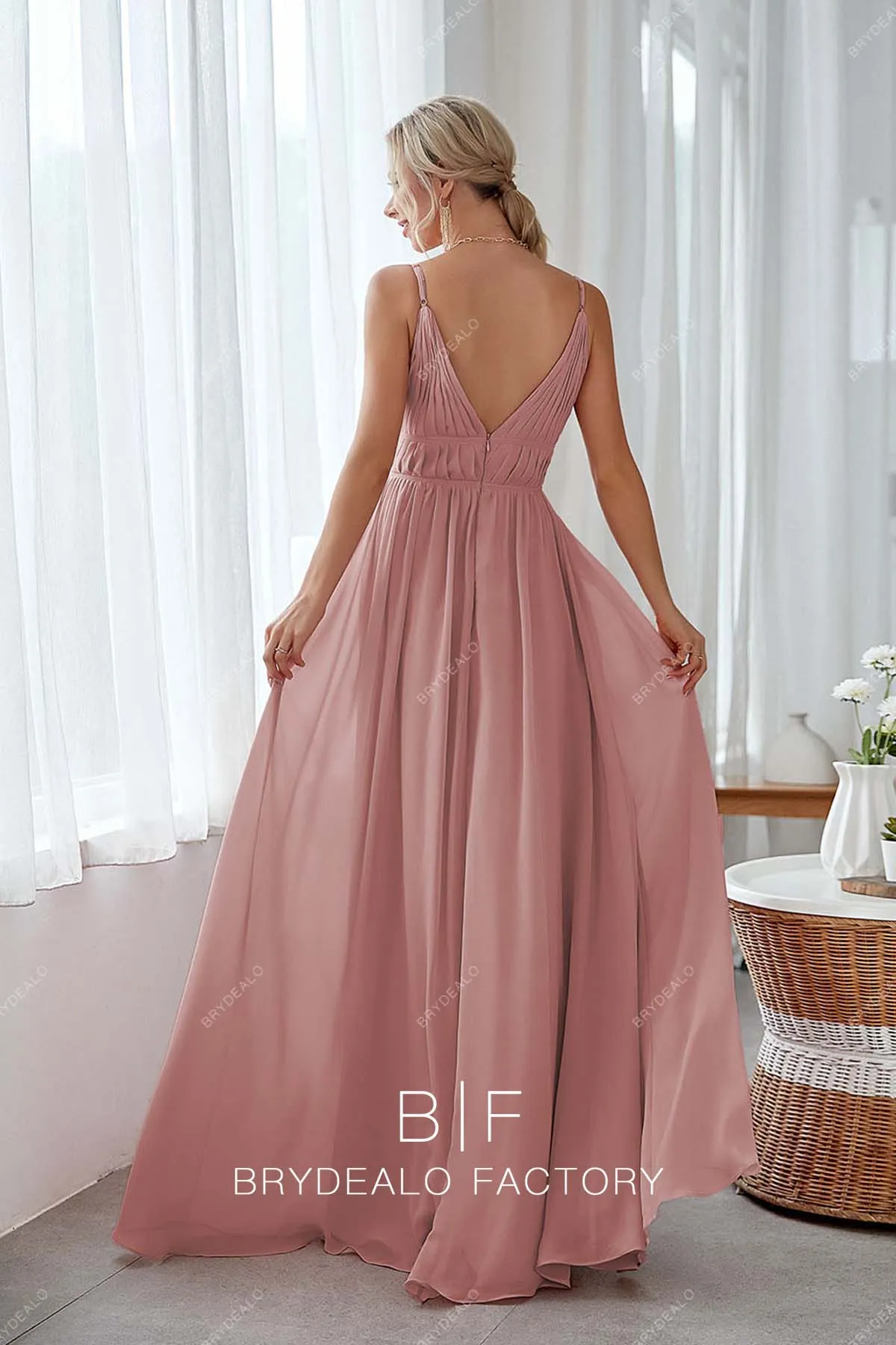 Dusty Rose Thin Straps Sleeveless Pleated Chiffon Dress