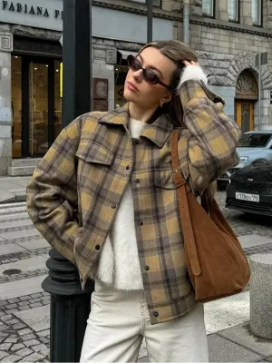 Fashionkova 2024 New Fashion Single Breasted Plaid Wool Pilot Jacket Chic Lapel Flip Pockets Oversized Coats Autumn Lady Street Outerwears