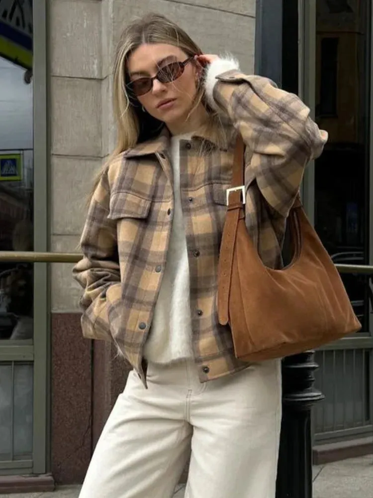 Fashionkova 2024 New Fashion Single Breasted Plaid Wool Pilot Jacket Chic Lapel Flip Pockets Oversized Coats Autumn Lady Street Outerwears