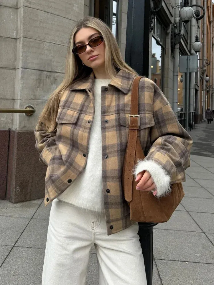 Fashionkova 2024 New Fashion Single Breasted Plaid Wool Pilot Jacket Chic Lapel Flip Pockets Oversized Coats Autumn Lady Street Outerwears