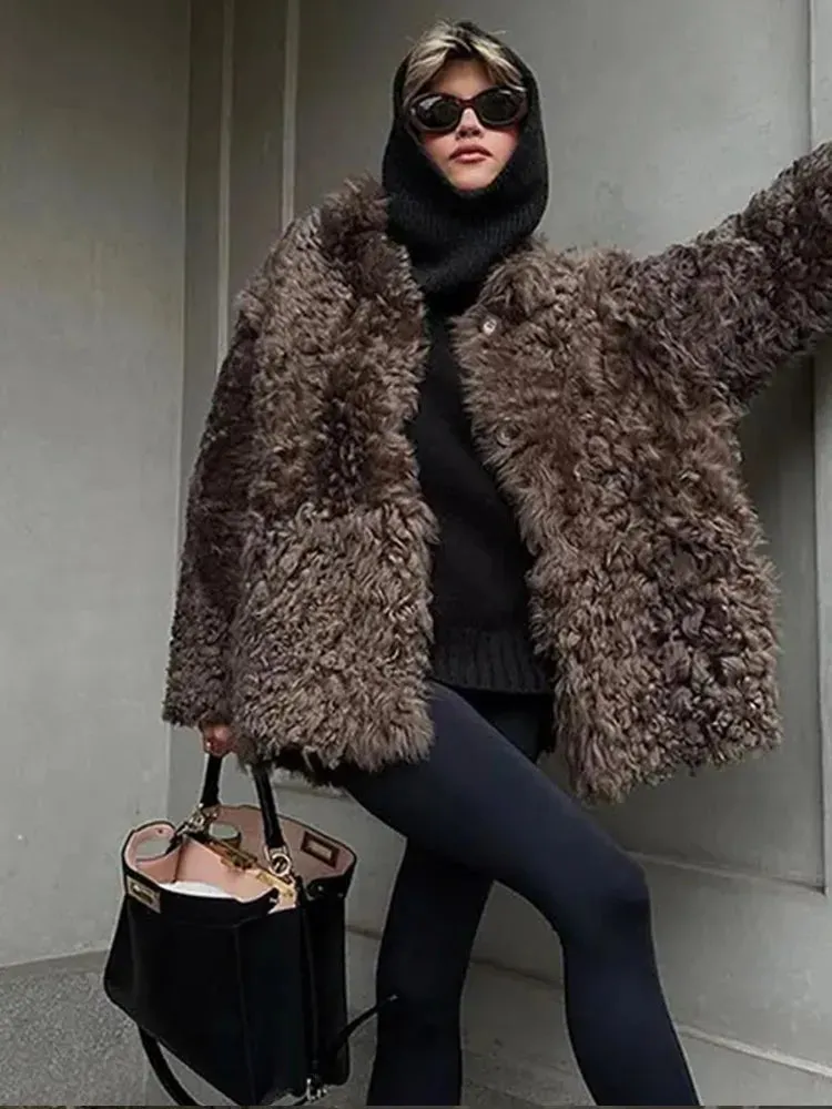 Fashionkova Retro Fluffy Faux Fur Coat Women Casual Single-Breasted Lapel Khaki Jacket Coats Female Autumn Warm Loose Chic Street Outwear