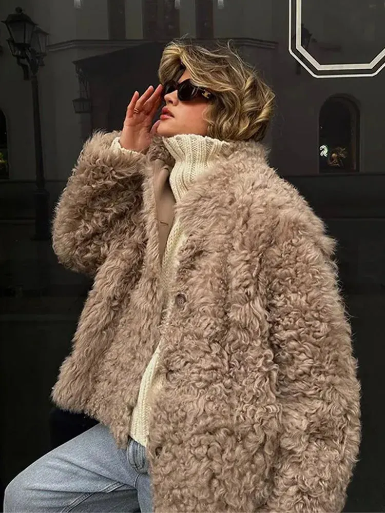 Fashionkova Retro Fluffy Faux Fur Coat Women Casual Single-Breasted Lapel Khaki Jacket Coats Female Autumn Warm Loose Chic Street Outwear