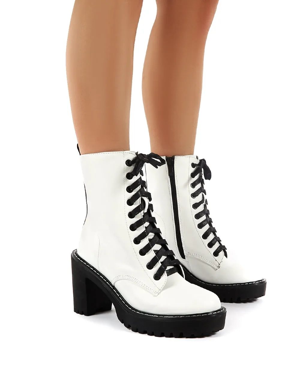 Fearne White Lace Up Chunky Heeled Ankle Boots