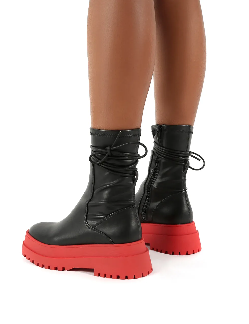 Finale Black Pu Red Chunky Sole Ankle Wrap Boots