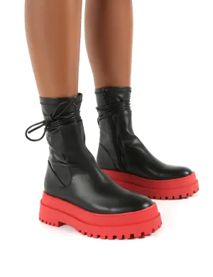 Finale Black Pu Red Chunky Sole Ankle Wrap Boots