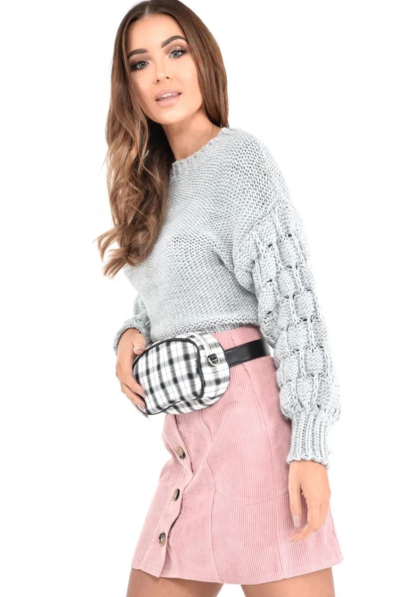 Grey Chunky Knit Sleeve Detail Cropped Jumper - Danyela