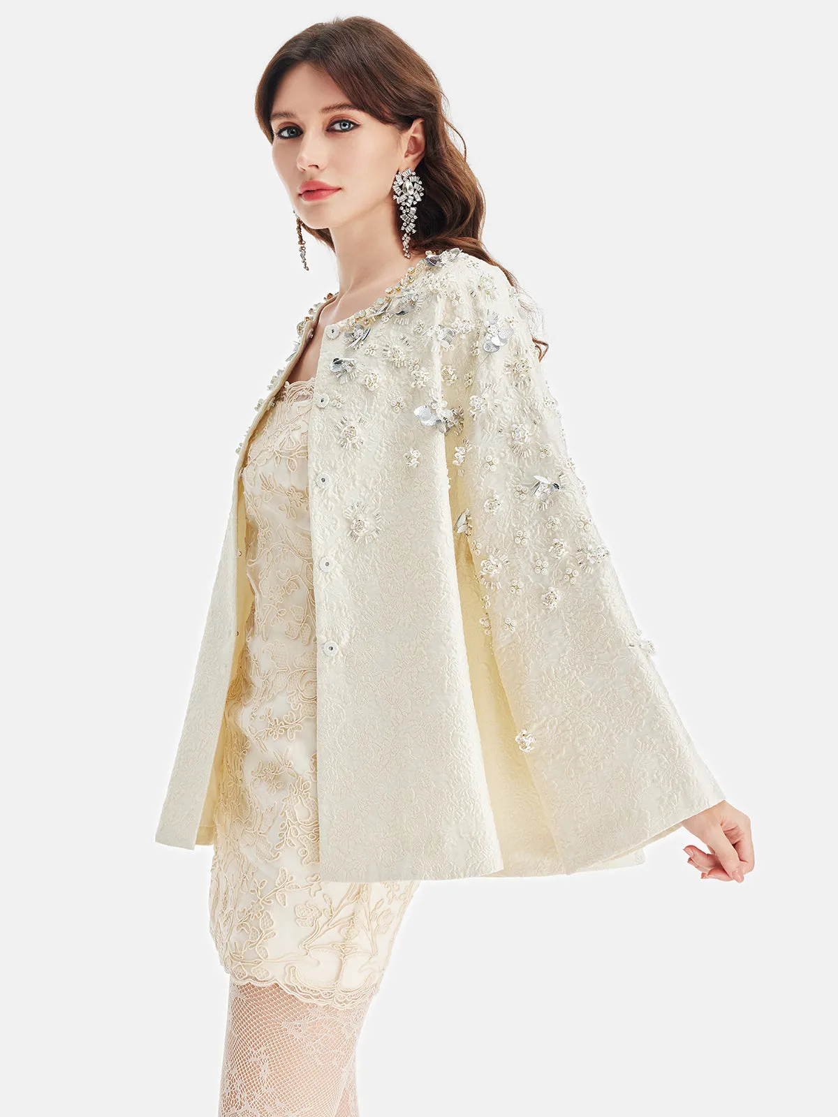 Hand-Beaded Silk Jacquard Cape