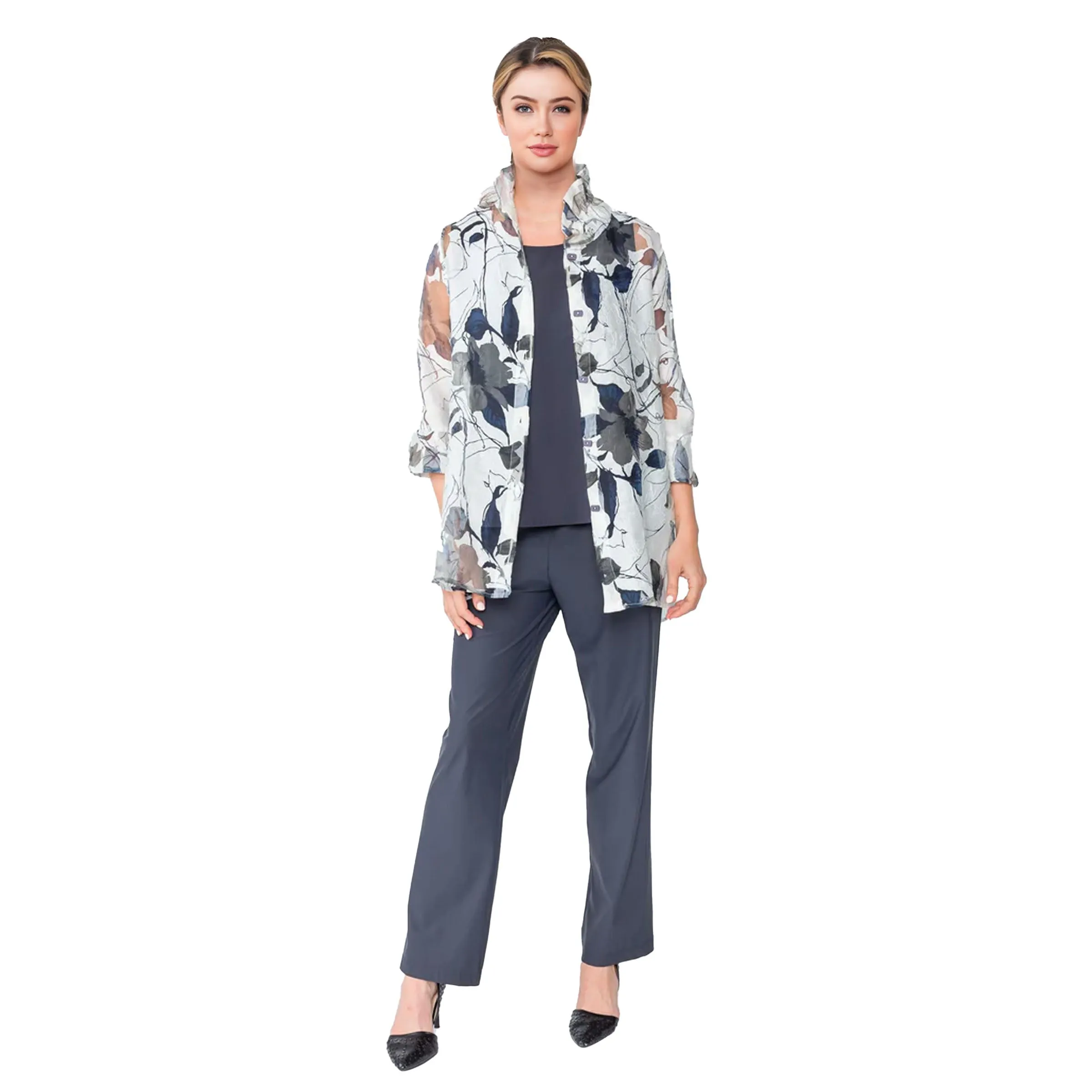 IC Collection Sheer Floral Hi-Low Blouse in Blue/Grey - 2277J-BG -