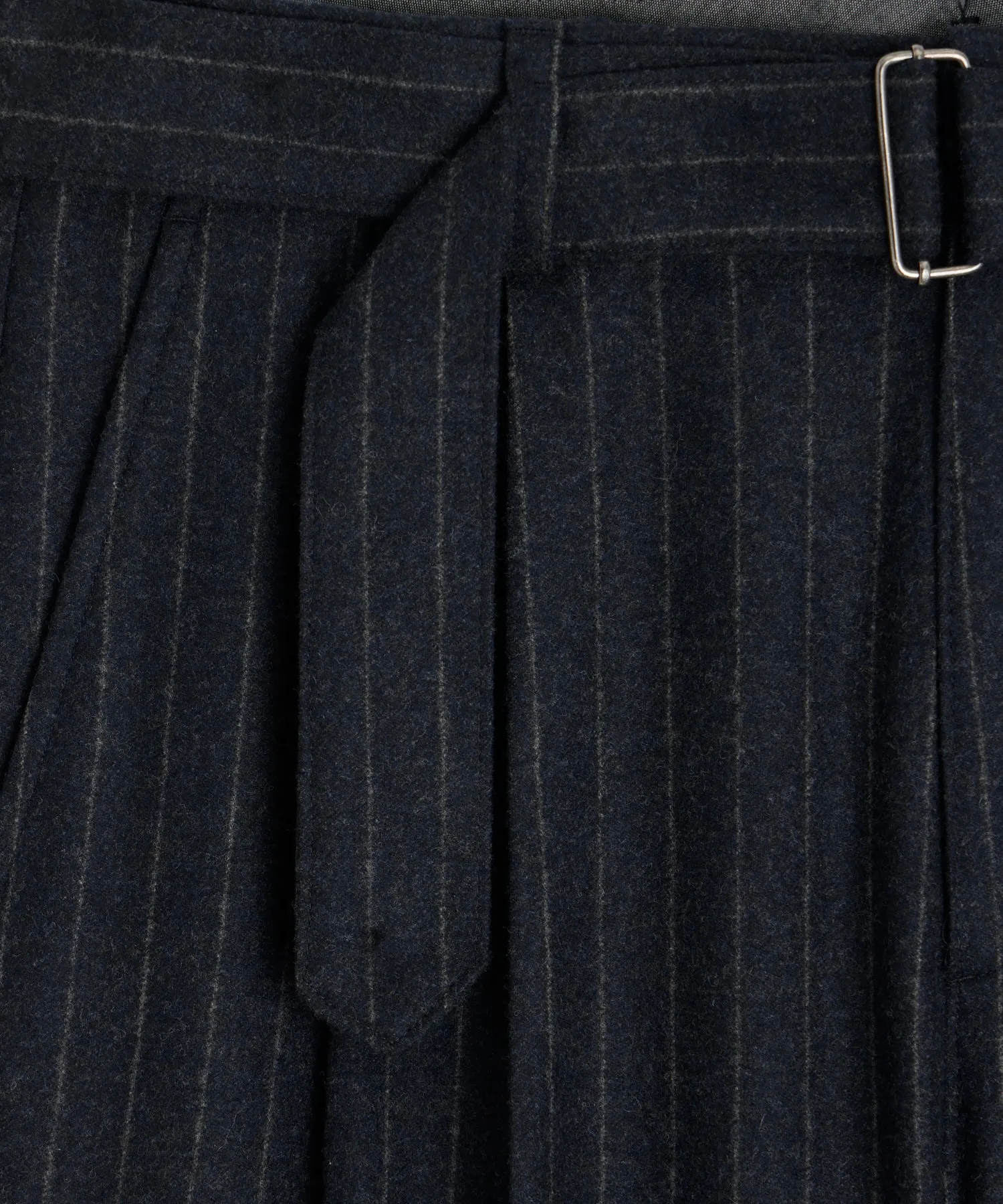 Italian Wool Self Belt Trouser in Navy Pinstripe