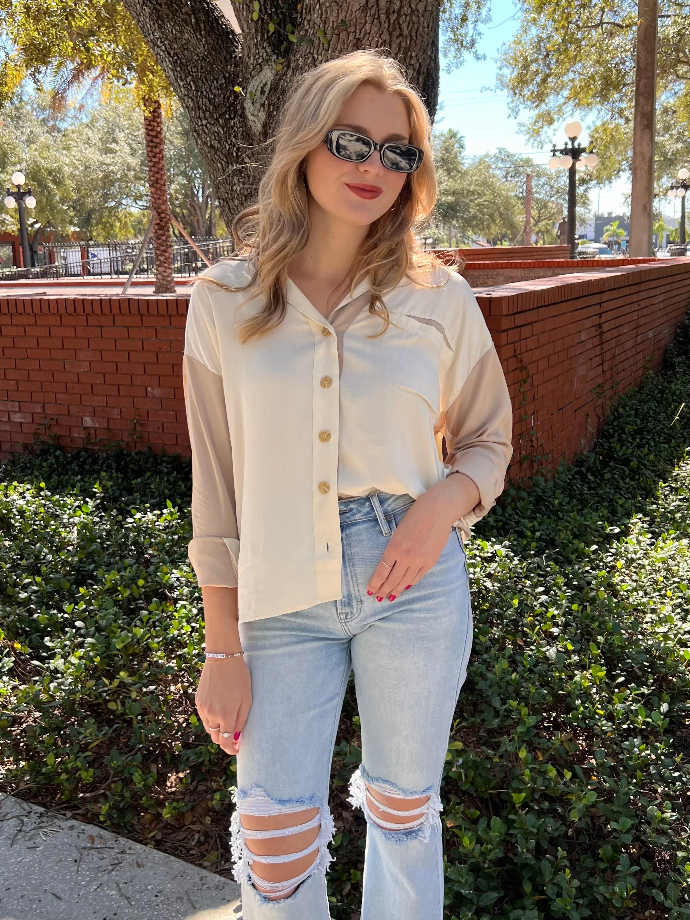 KAYLA COLORBLOCK BLOUSE IN CREAM