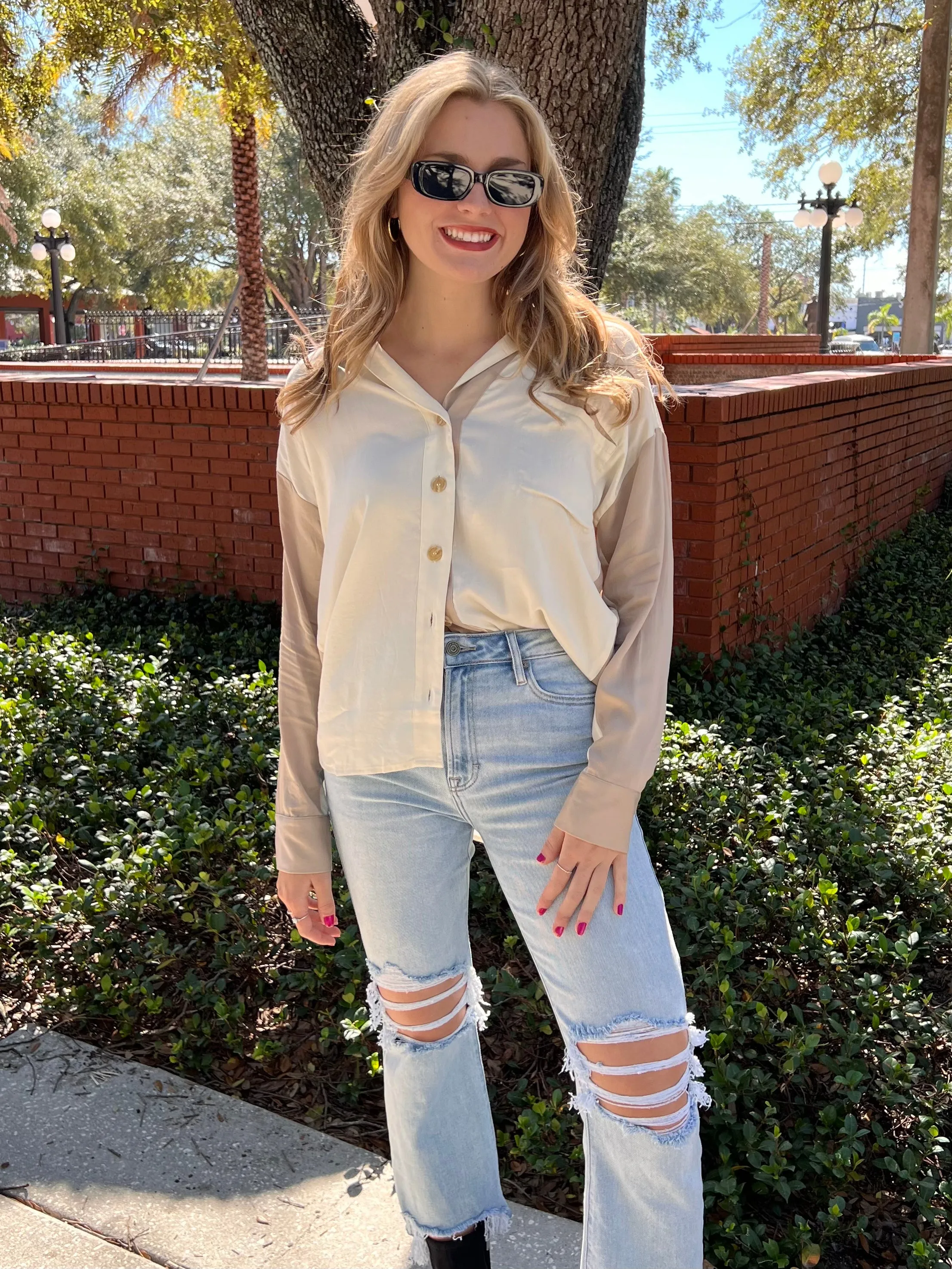 KAYLA COLORBLOCK BLOUSE IN CREAM