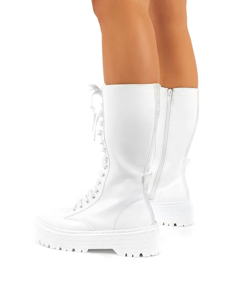 Kendall White PU Lace Up Chunky Knee High Boots