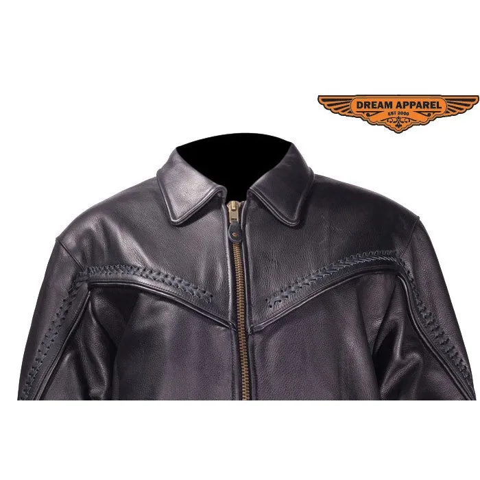 Ladies Naked Cowhide Motorcycle Jacket with Flat Braid Trim