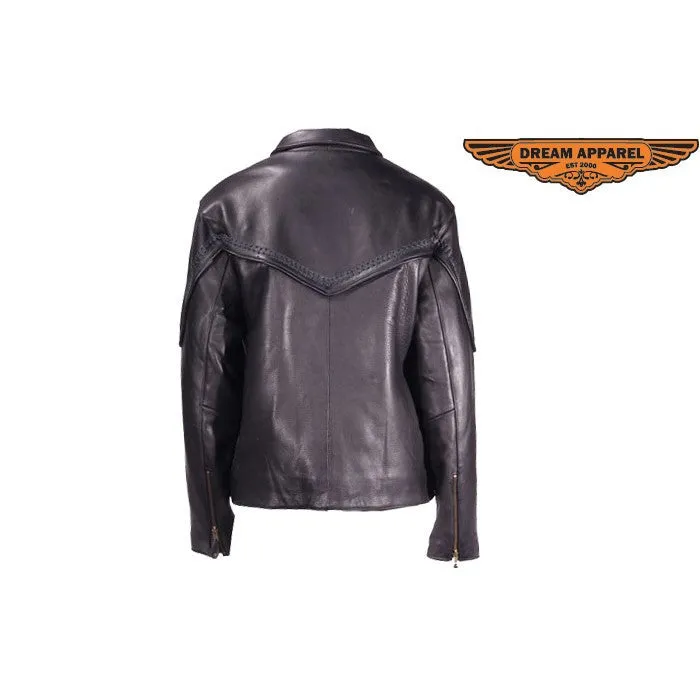 Ladies Naked Cowhide Motorcycle Jacket with Flat Braid Trim