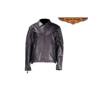 Ladies Naked Cowhide Motorcycle Jacket with Flat Braid Trim