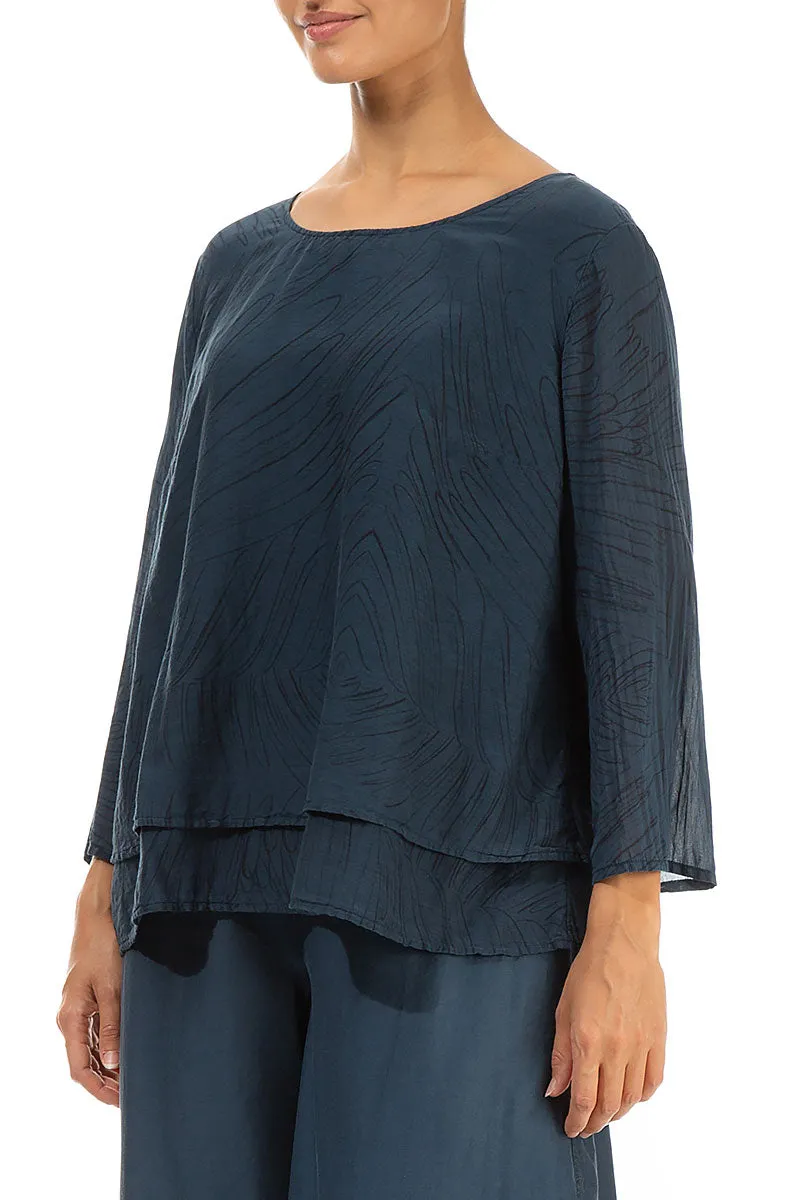 Layered Midnight Blue Feathers Silk Cotton Blouse