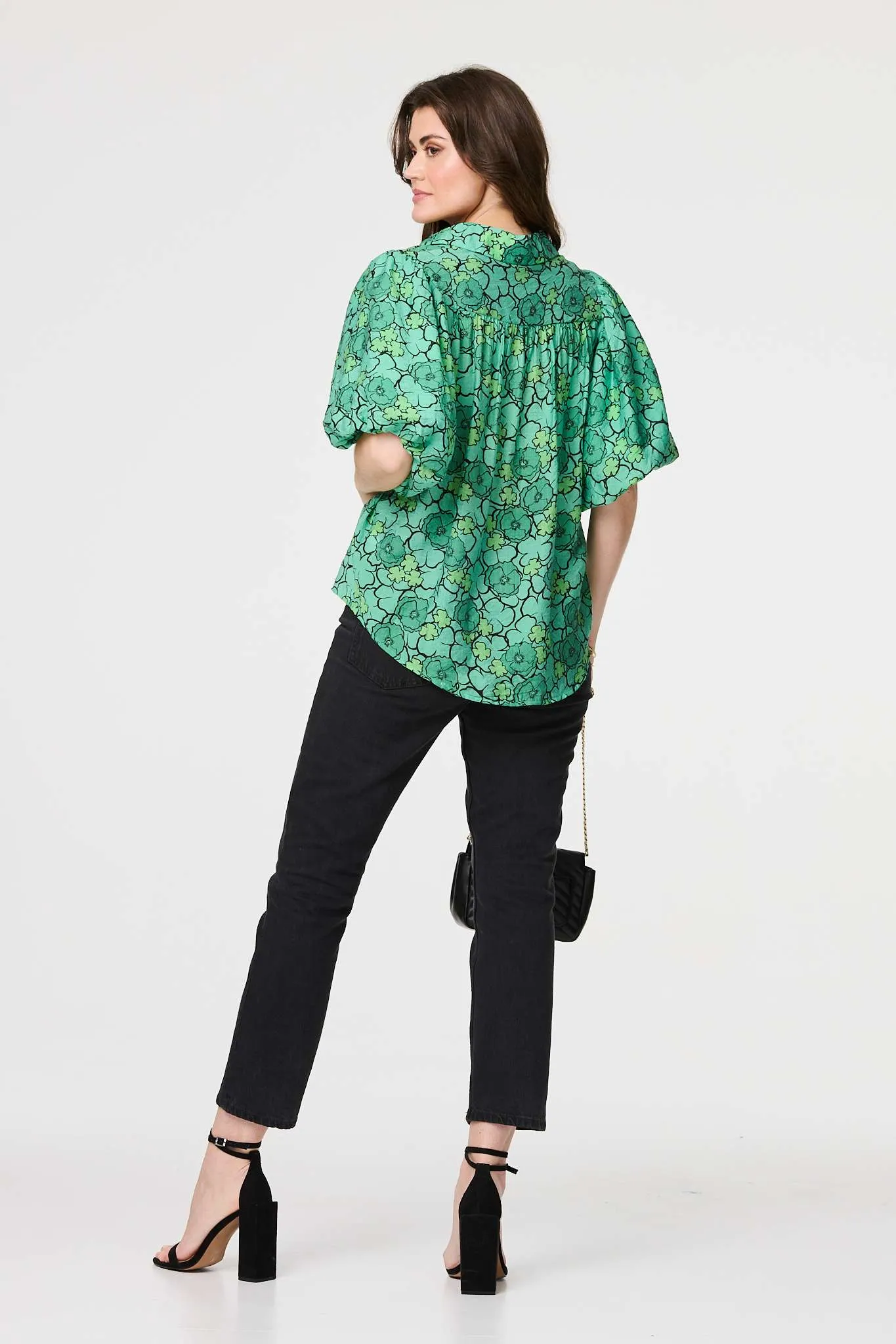 Leaf Print 1/2 Puff Sleeve Blouse