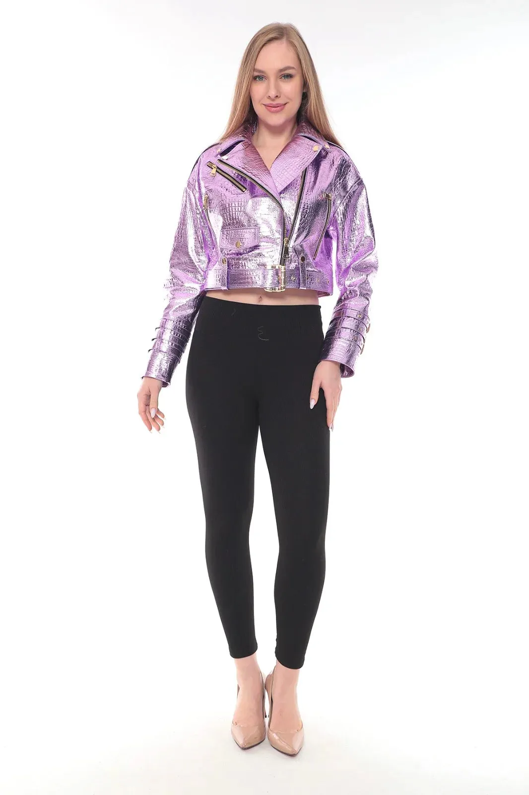 Light Purple Lamb Leather Snake Print Jacket with Golden Accents