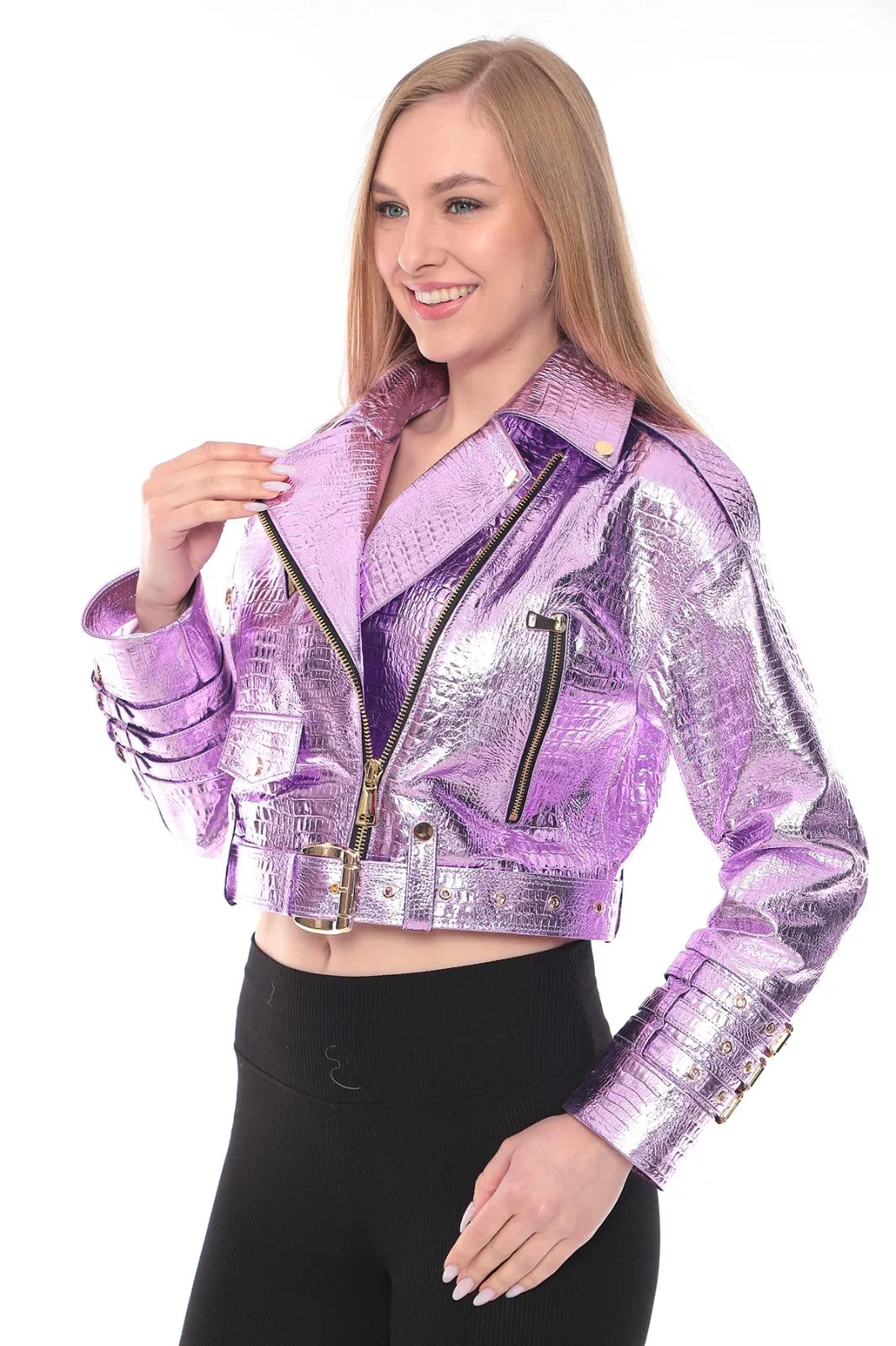 Light Purple Lamb Leather Snake Print Jacket with Golden Accents