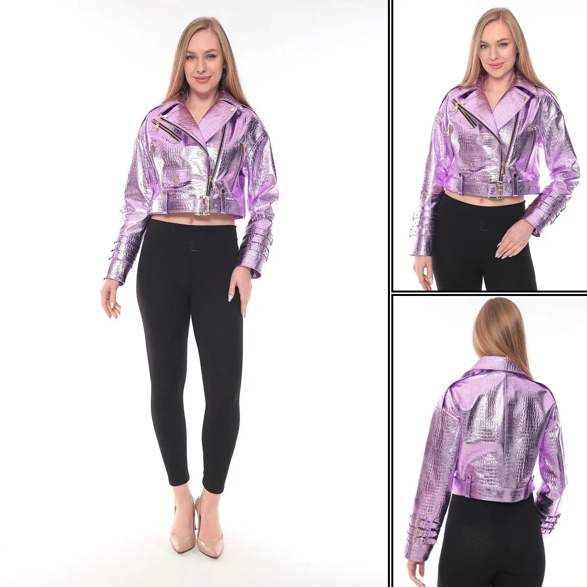 Light Purple Lamb Leather Snake Print Jacket with Golden Accents