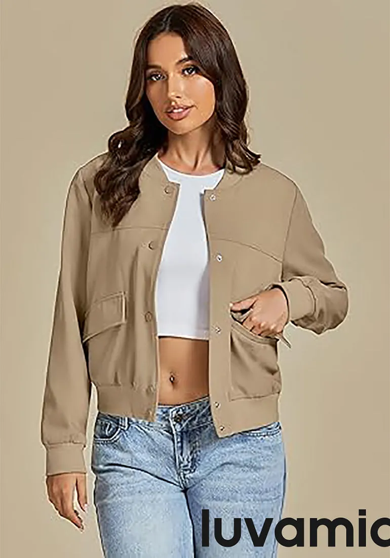 LUVAMIA Women's Casual Fully Buttoned Jackets Baseball Collar Front Pocket Moderate Fit Slight Stretch